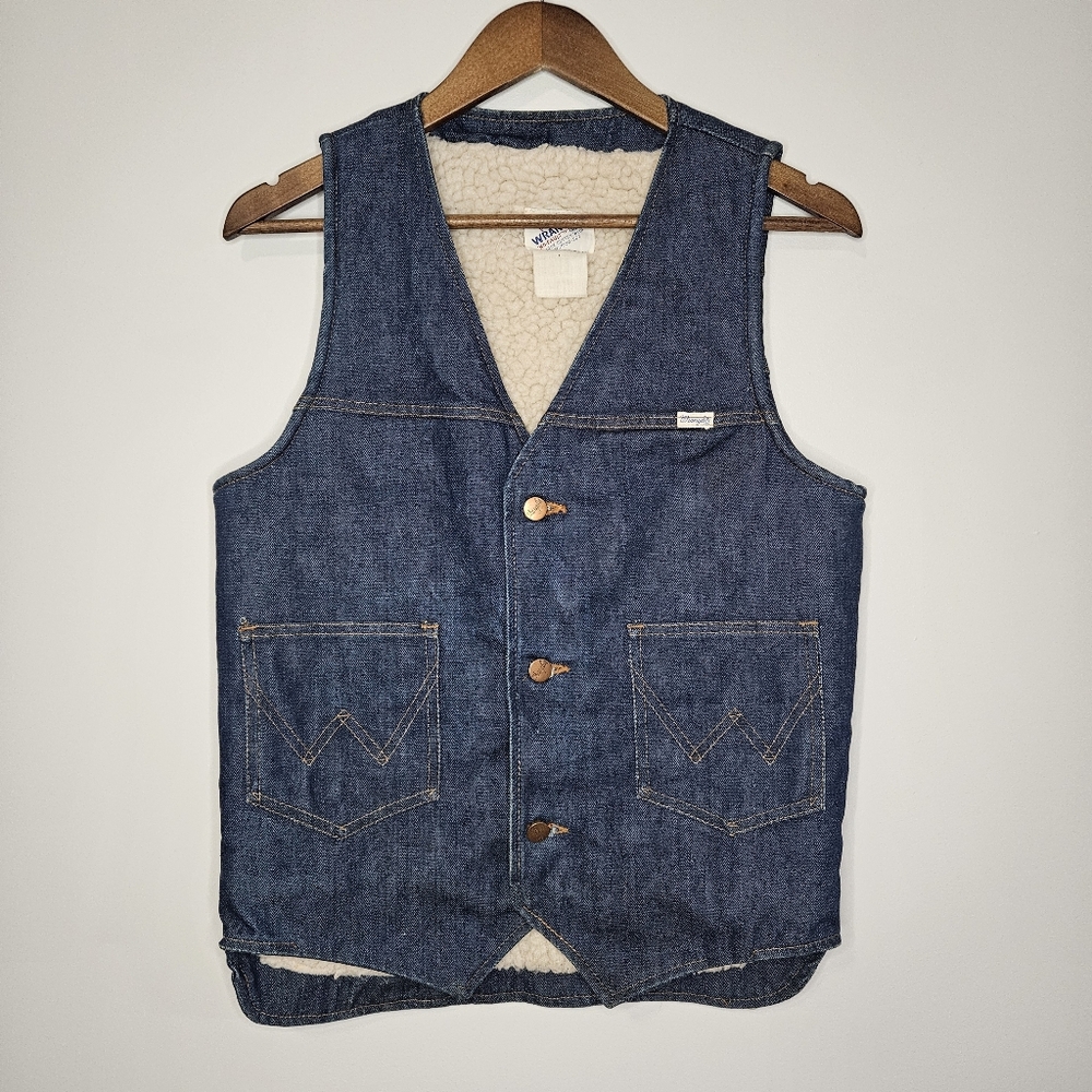 VTG Wrangler No Fault Sherpa Lined Denim Button Down Vest Small Or Medium